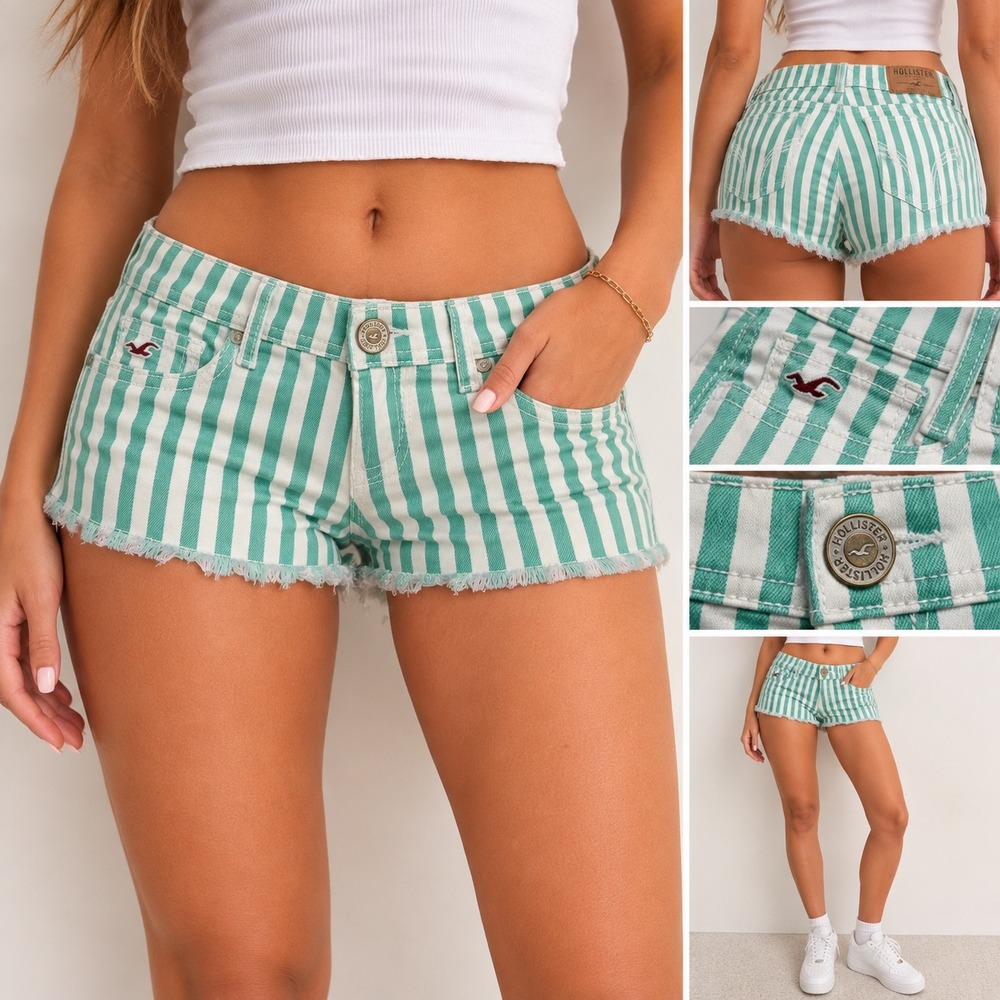 Hollister Womens Teal Striped Low Rise Denim Shorts Size 3 W26 Raw Hem Cutoffs